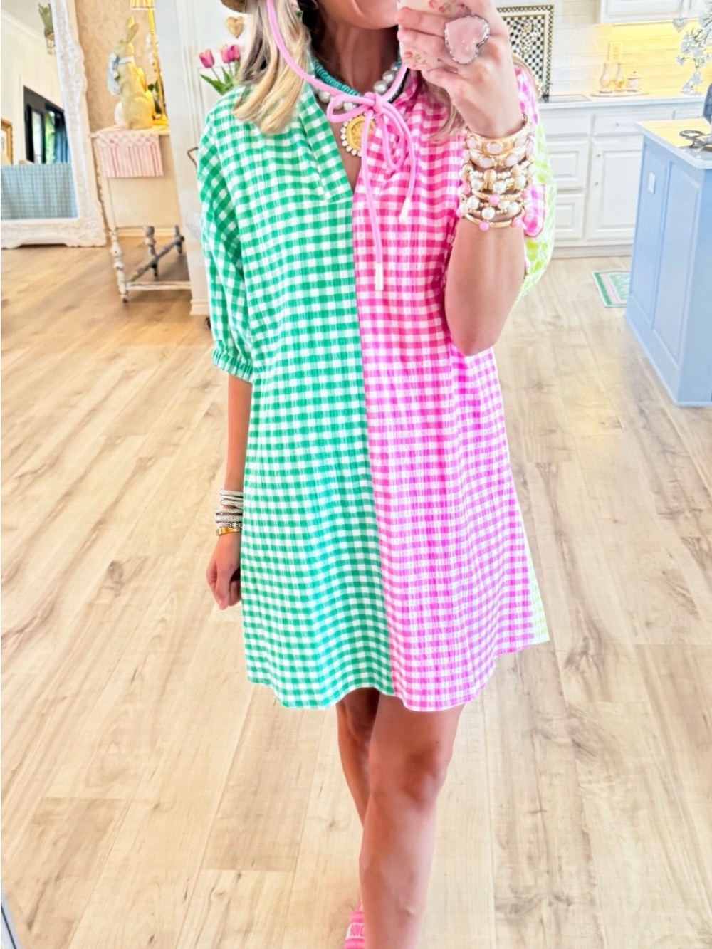 Green and Pink Yellow Orange Multi Gingham Split Shift Dress